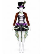 Women The Hatter Costume Dress Hat Gloves Stocking and Shrug 5pcs Set for Halloween Cosplay
