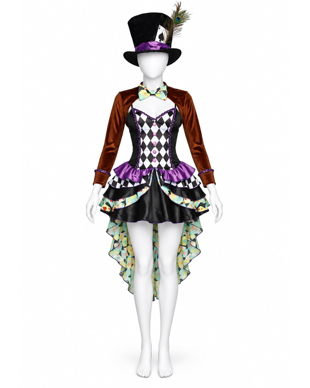 Women The Hatter Costume Dress Hat Gloves Stocking and Shrug 5pcs Set for Halloween Cosplay