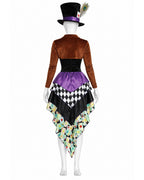 Women The Hatter Costume Dress Hat Gloves Stocking and Shrug 5pcs Set for Halloween Cosplay