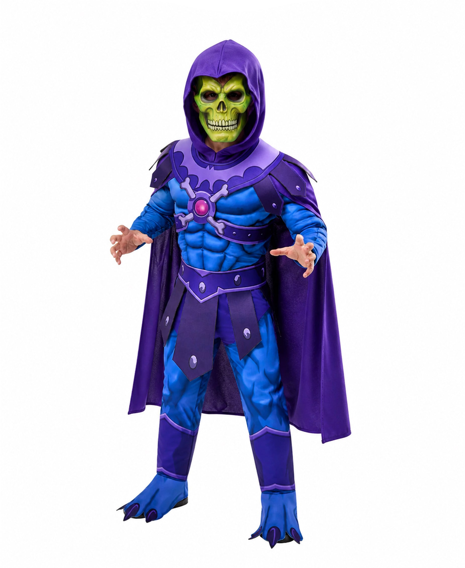 Kids Adults Skull Overlord Muscle Costume Purple Evil Skeleton Jumpsuit Set with Cloak Mask for Comic Con