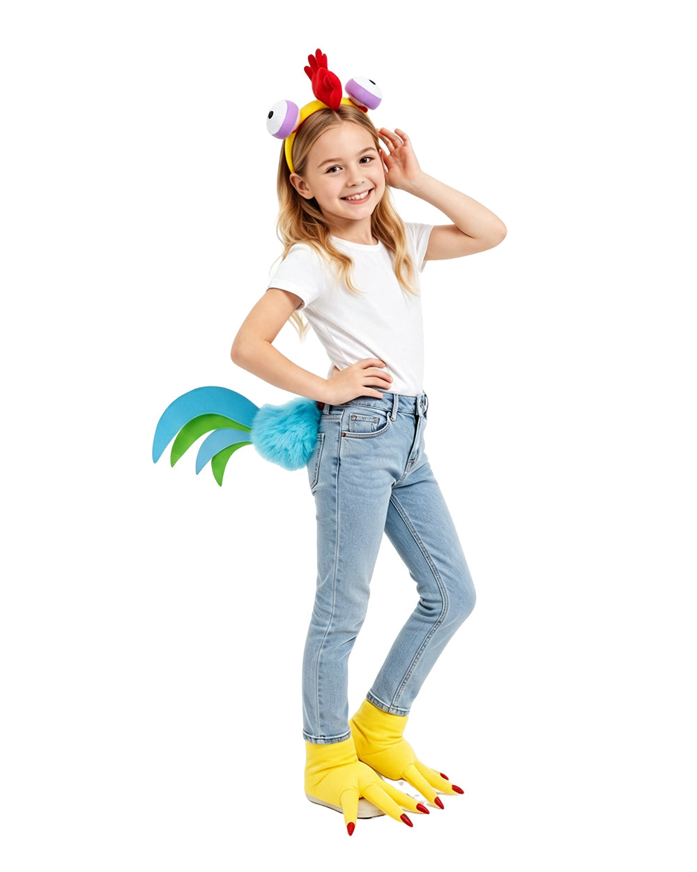 Toddler Kids Hei Hei Costume Unisex Little Rooster Cosplay Headband Tail and Feet Suit for Themed Party 3T-12Y