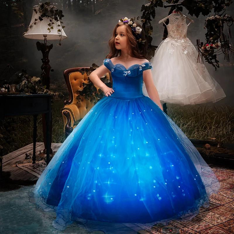 Girls Cinderlla LED Light Up Dress Princess Blue Party Outfit Halloween Cosplay Costume