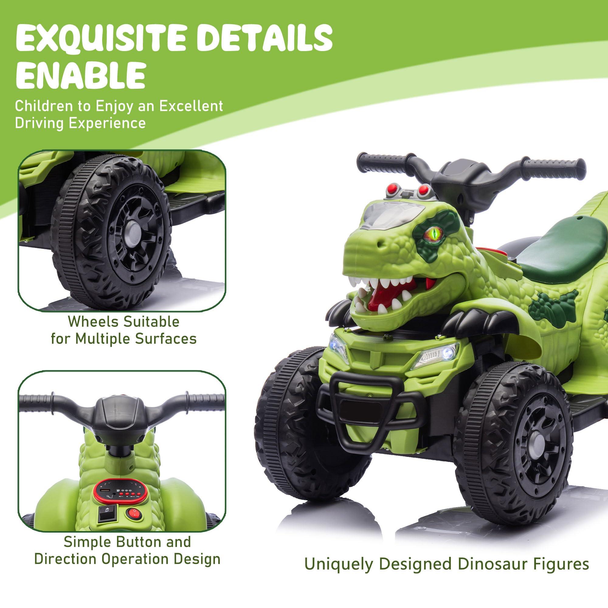 Kids Ride-on Dinosaur ATV Safe Electric Dinosaur Car Interactive with Sounds and Lights