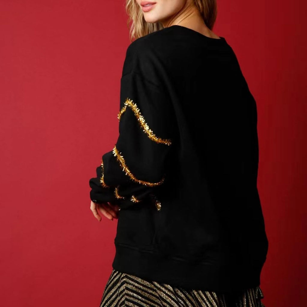 Women Christmas Top Holiday Party Outift Sequin Xmas Tree and Stripes Sweatshirt
