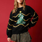 Women Christmas Top Holiday Party Outift Sequin Xmas Tree and Stripes Sweatshirt