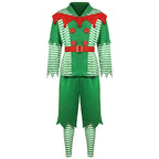 Men Elf Costume Christmas Party Oufit Green Tops Pants Hats and Shoes Full Set