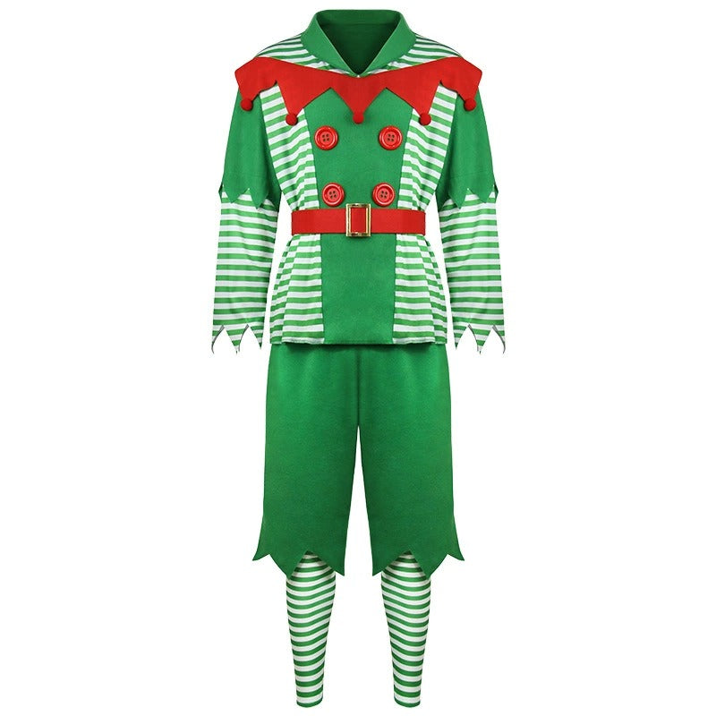 Men Elf Costume Christmas Party Oufit Green Tops Pants Hats and Shoes Full Set