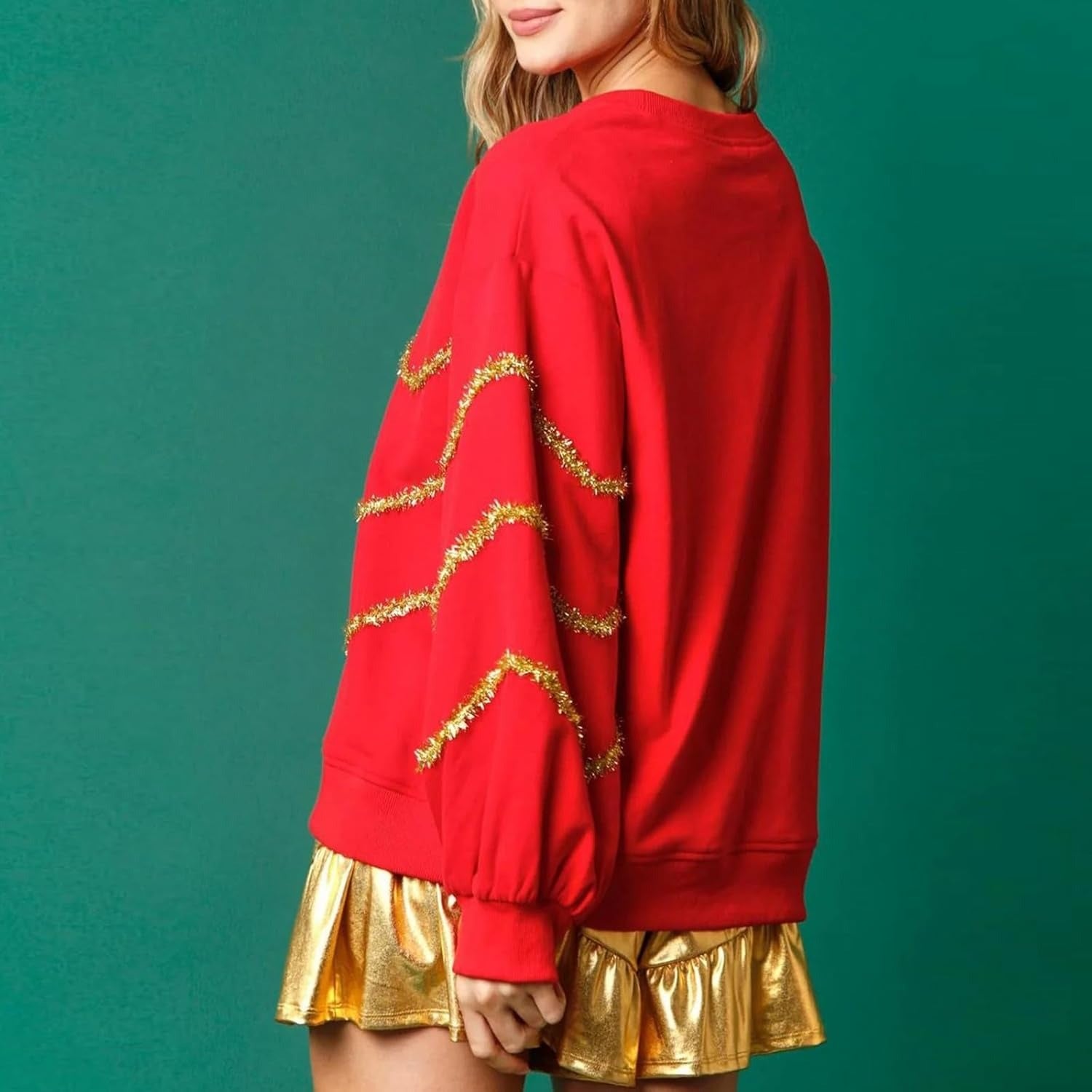 Women Christmas Top Holiday Party Outift Sequin Xmas Tree and Stripes Sweatshirt