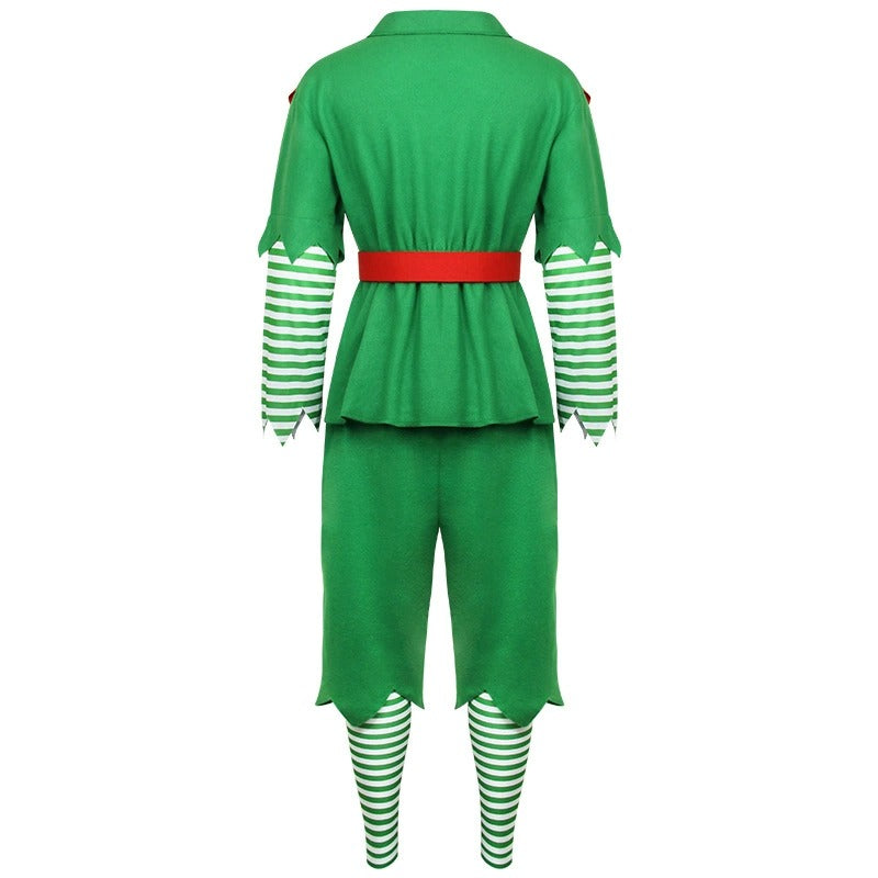 Men Elf Costume Christmas Party Oufit Green Tops Pants Hats and Shoes Full Set