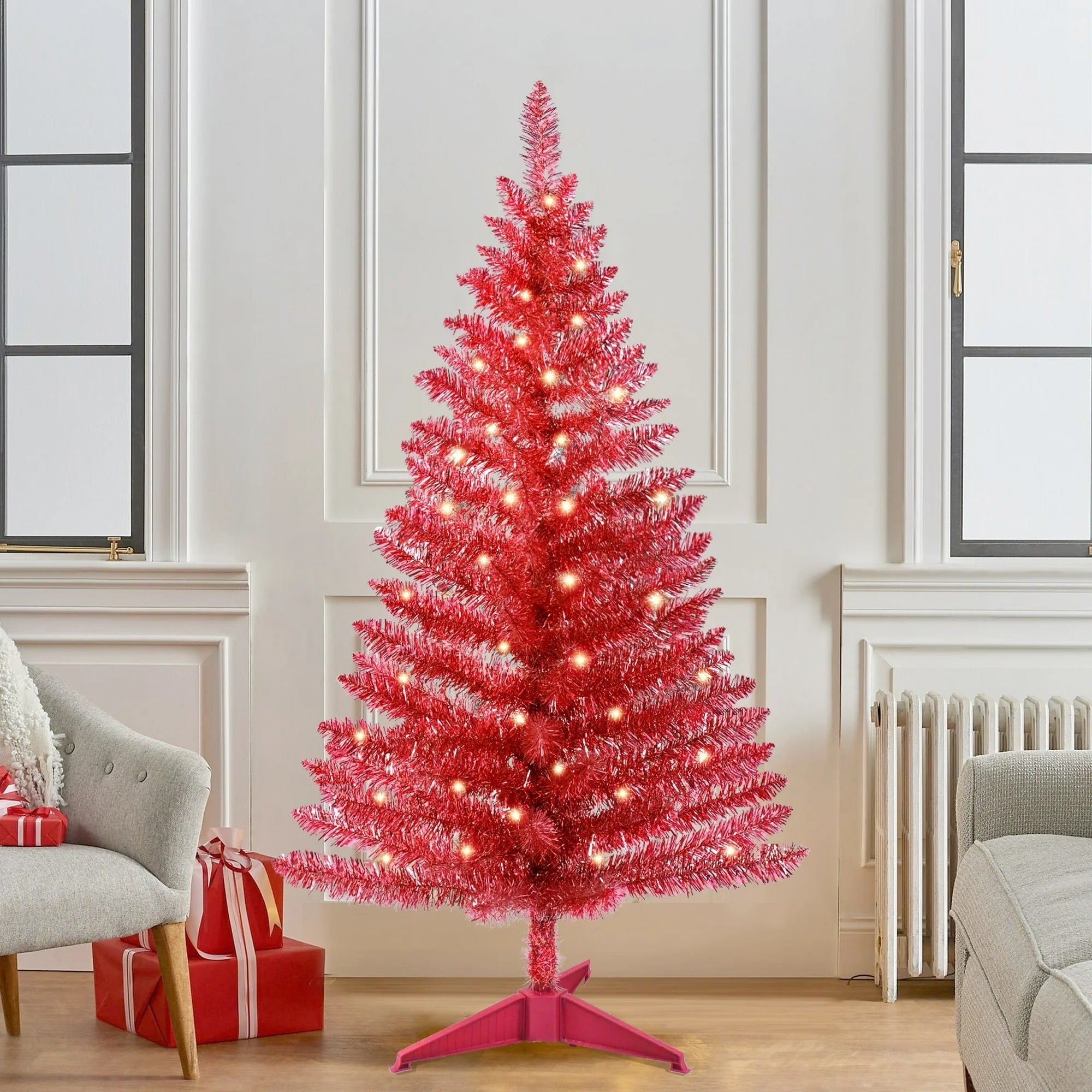 4ft Pink Christmas Tree Table Mini Artificial Tree with 50 Lights Sturdy Stand
