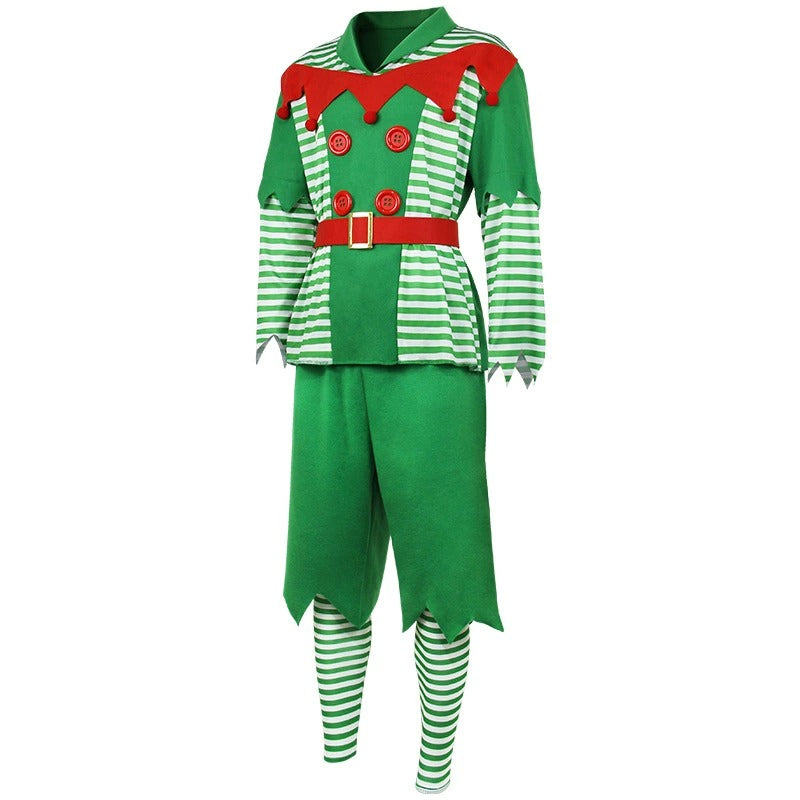 Men Elf Costume Christmas Party Oufit Green Tops Pants Hats and Shoes Full Set