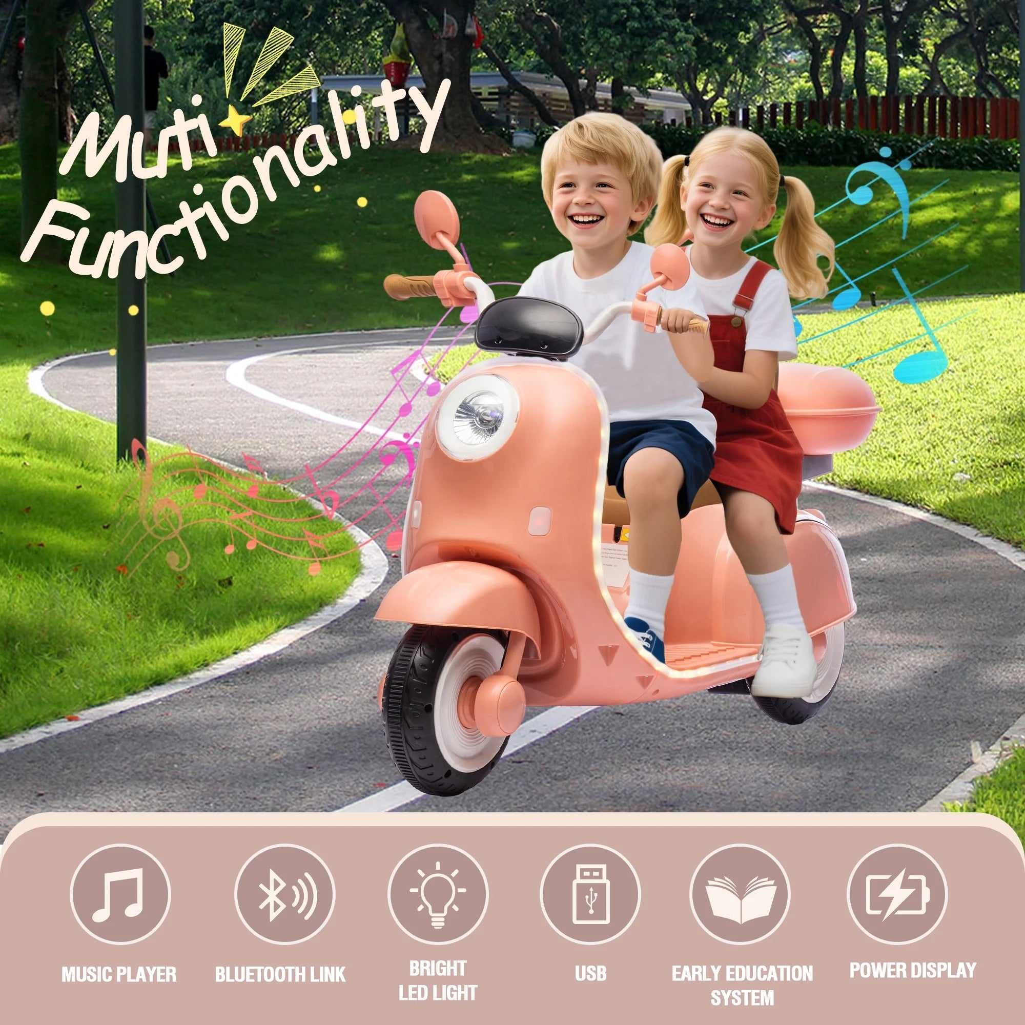 Kids Electric Motorcycle 12V Ride On Car with Storage Box Bluetooth Music 2 Seats Motorcycle