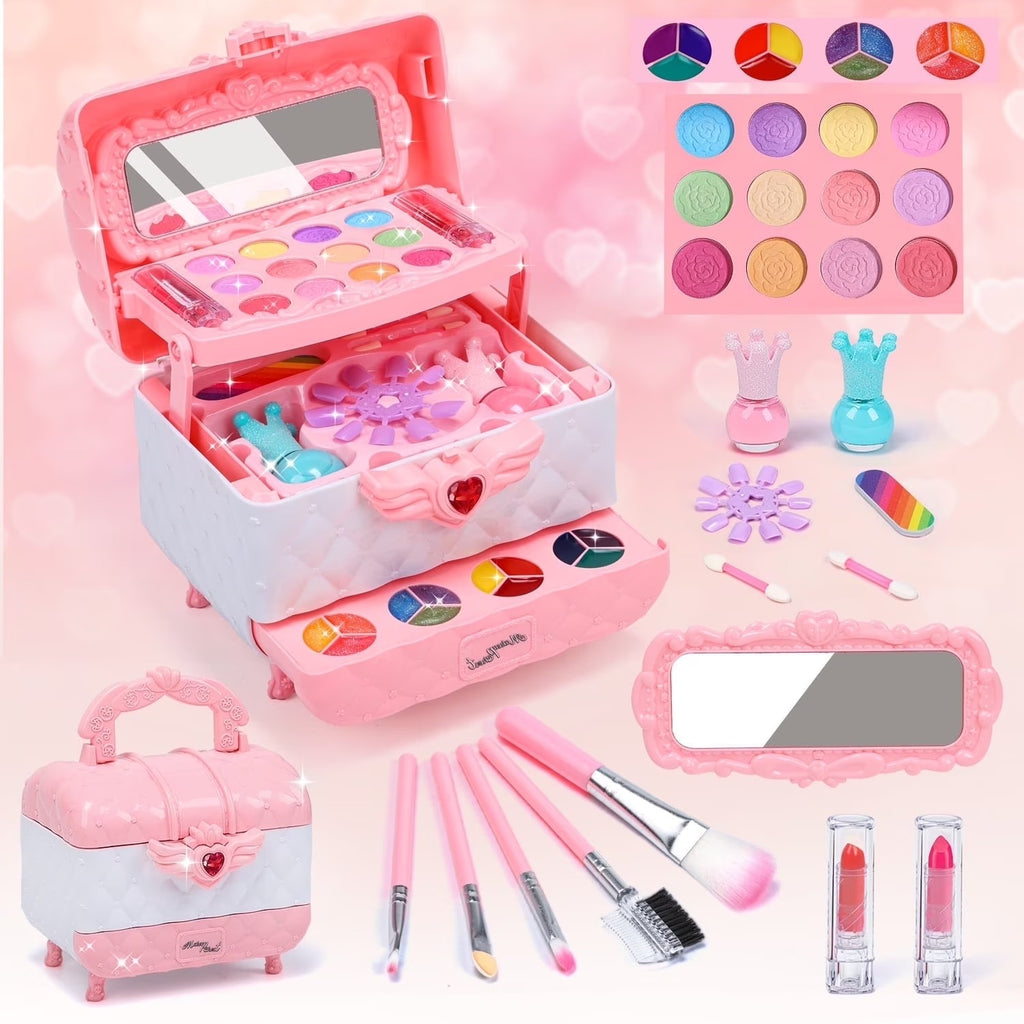 Kids Makeup Set Washable Safe Set Multi-Layer Pink Foldable Storage Box Holiday Gift