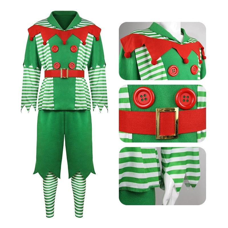 Men Elf Costume Christmas Party Oufit Green Tops Pants Hats and Shoes Full Set