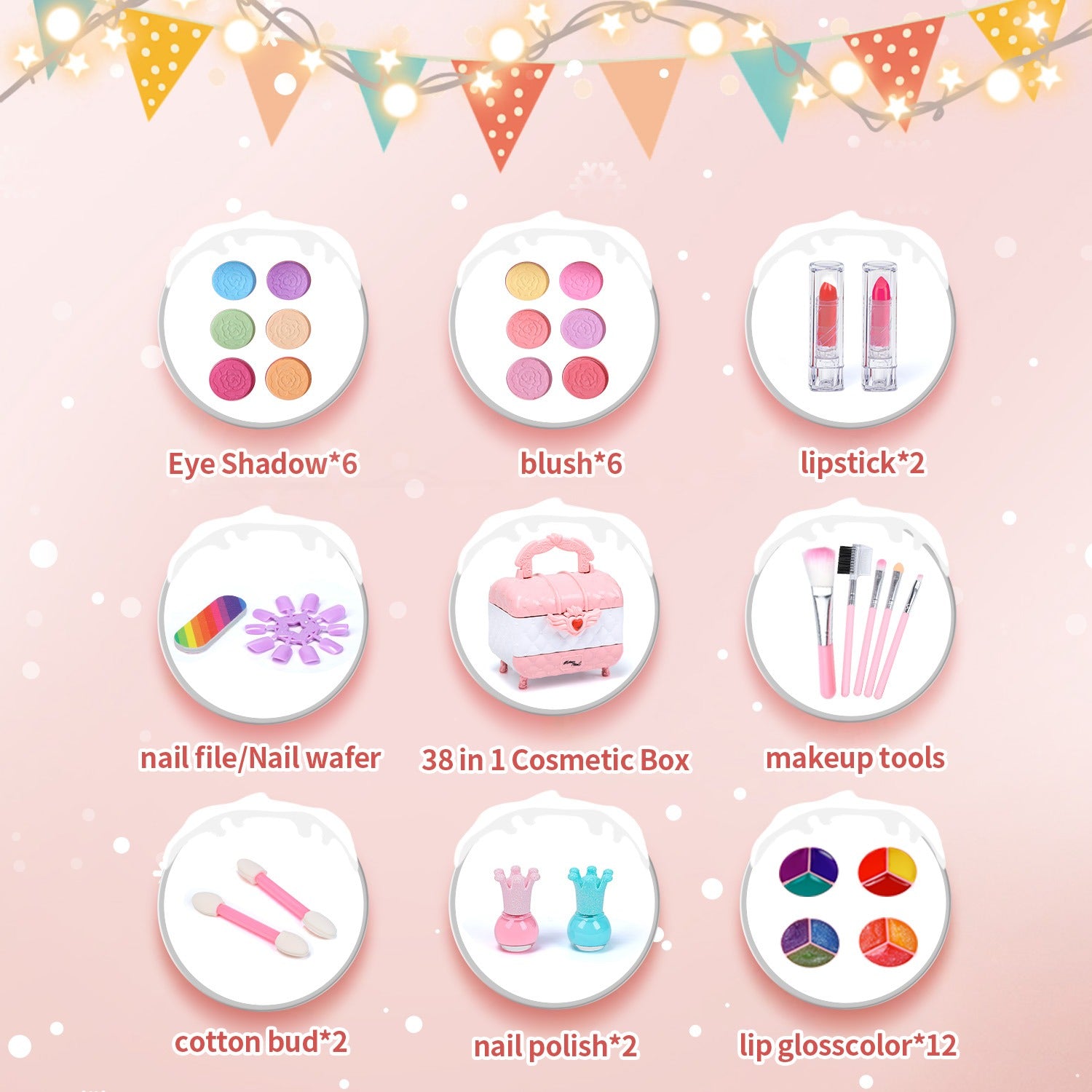 Kids Makeup Set Washable Safe Set Multi-Layer Pink Foldable Storage Box Holiday Gift