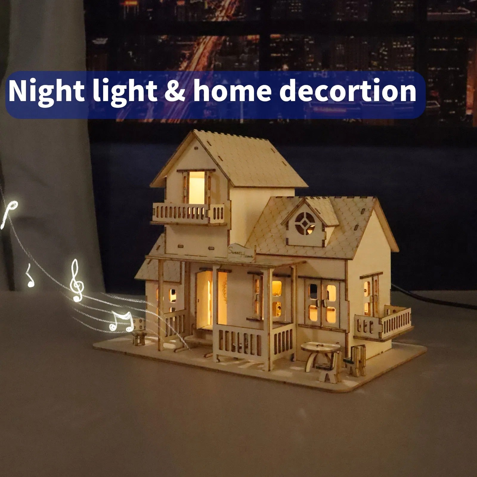 3D Wooden Puzzle Set Music Box with Light DIY Craft Kit Holiday Gifts
