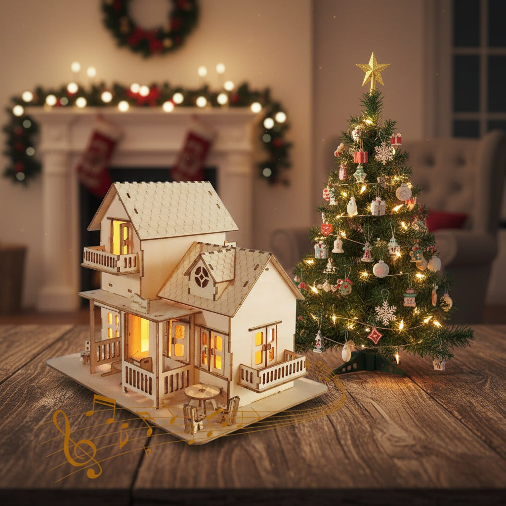 3D Wooden Puzzle Set Music Box with Light DIY Craft Kit Holiday Gifts