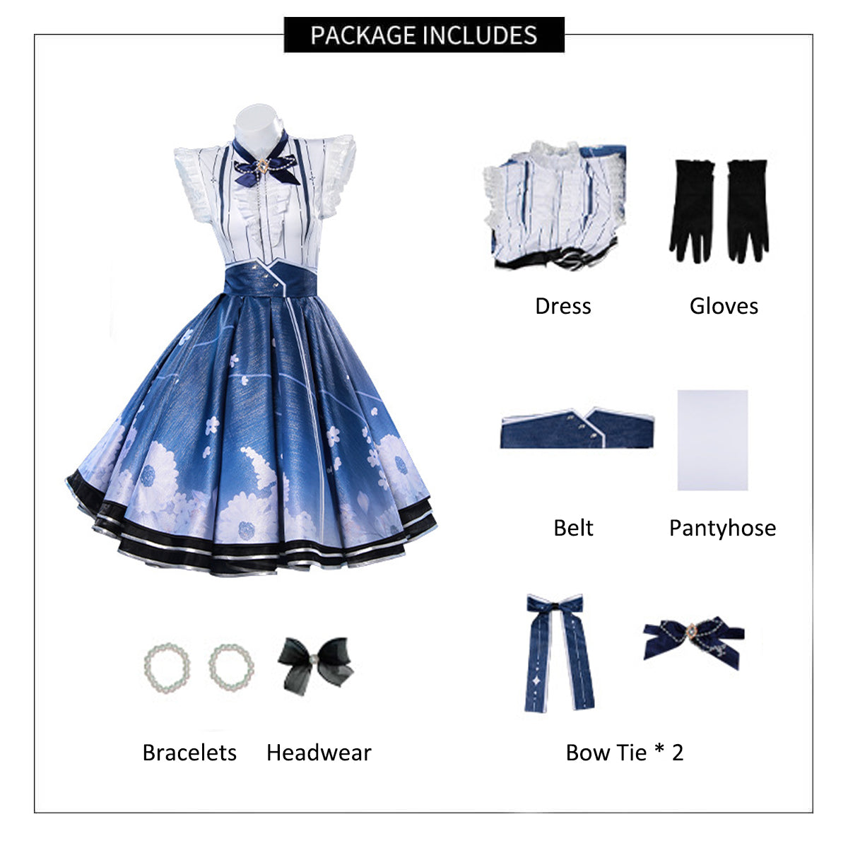 Women Floral Memory Outfit Game Player Cosplay Costume Blue Dress Full Set
