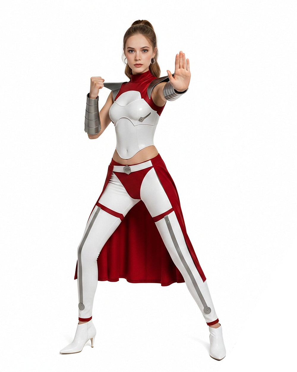 Female White and Red Superhero Uniform Alien Warrior Battle Suit for Comic Con Exhibition