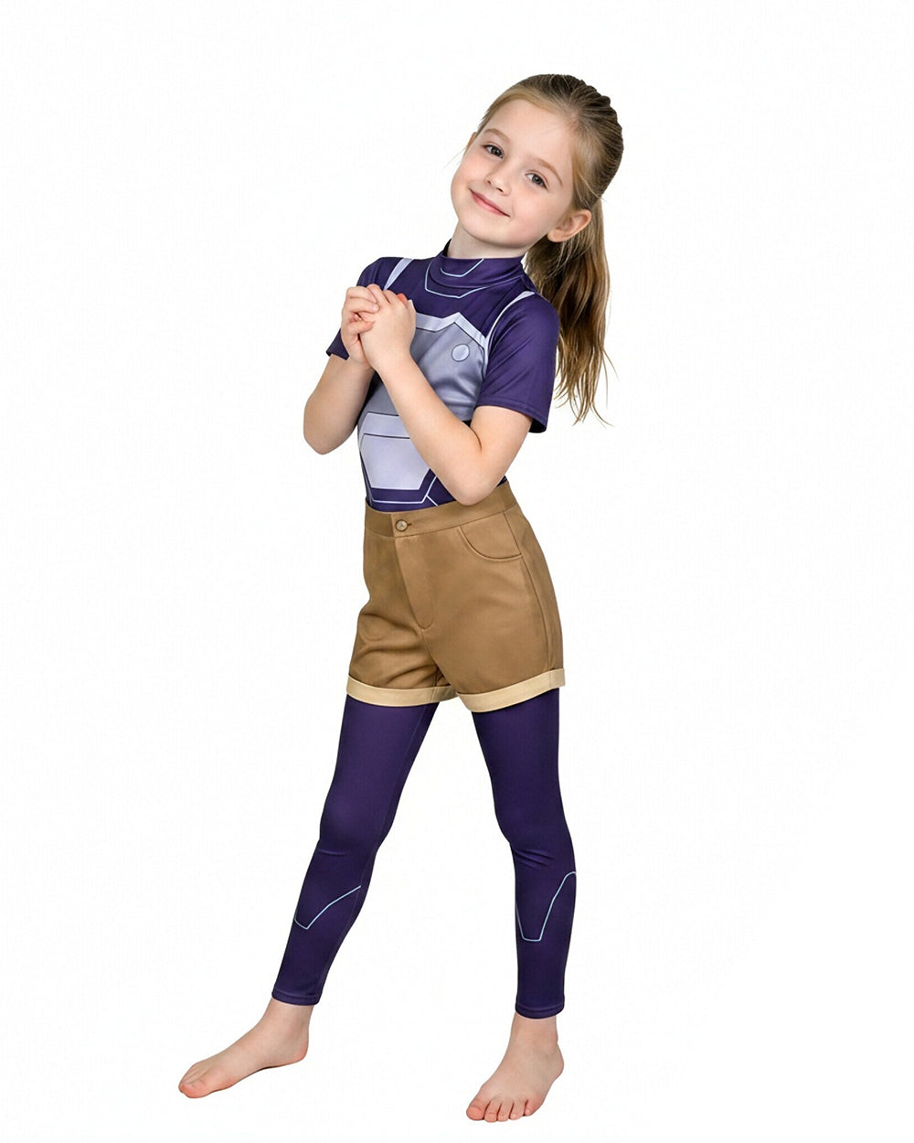 Girls High-Tech Warrior Costume Blue Jumpsuit and Shorts Set for Cosplay Party