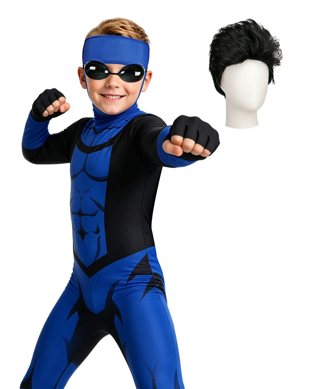 Boys Mark Costume Blue Superhero Muscle Bodysuit Printed Jumpsuit with Helmet and Goggles