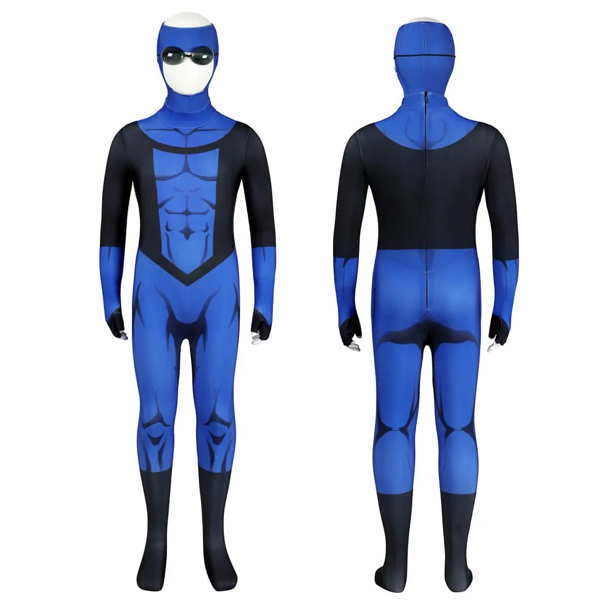 Boys Mark Costume Blue Superhero Muscle Bodysuit Printed Jumpsuit with Helmet and Goggles