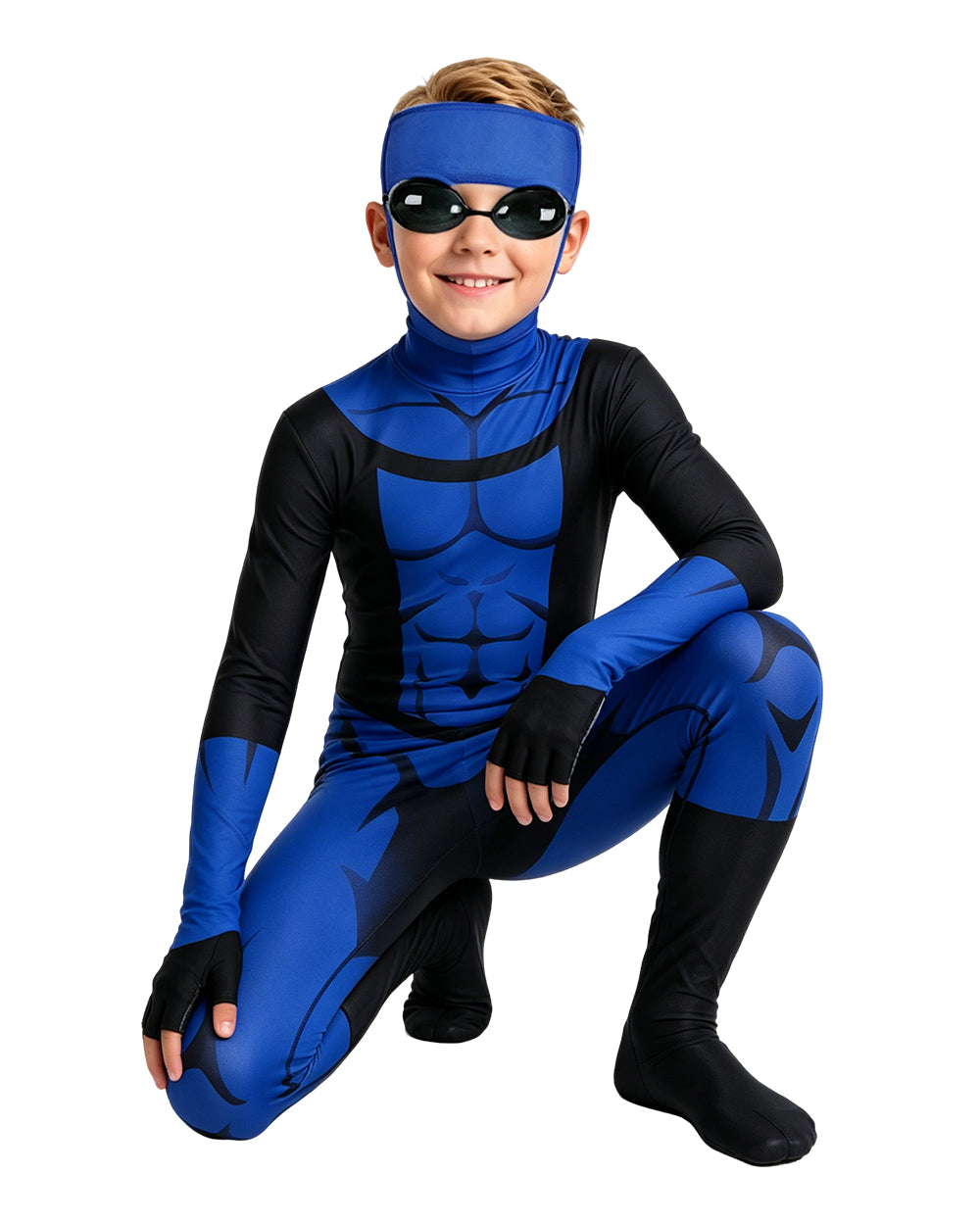 Boys Mark Costume Dark Blue Superhero Muscle Printed Jumpsuit with Helmet and Goggles for Anime Exhibition