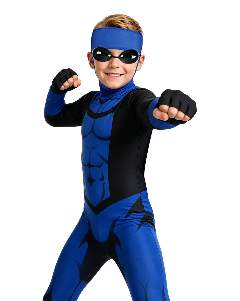 Boys Mark Costume Dark Blue Superhero Muscle Printed Jumpsuit with Helmet and Goggles for Anime Exhibition