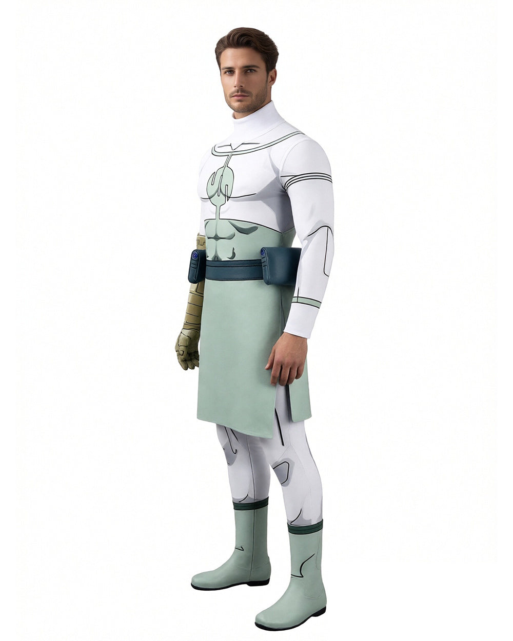 Viltrumite Costume White Warrior Muscle Print Bodysuit with Loincloth and Waist Bag for Roleplay