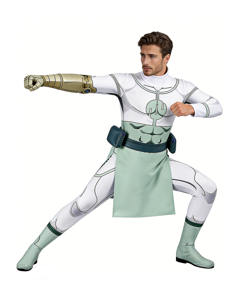 Viltrumite Costume White Warrior Muscle Print Bodysuit with Loincloth and Waist Bag for Roleplay