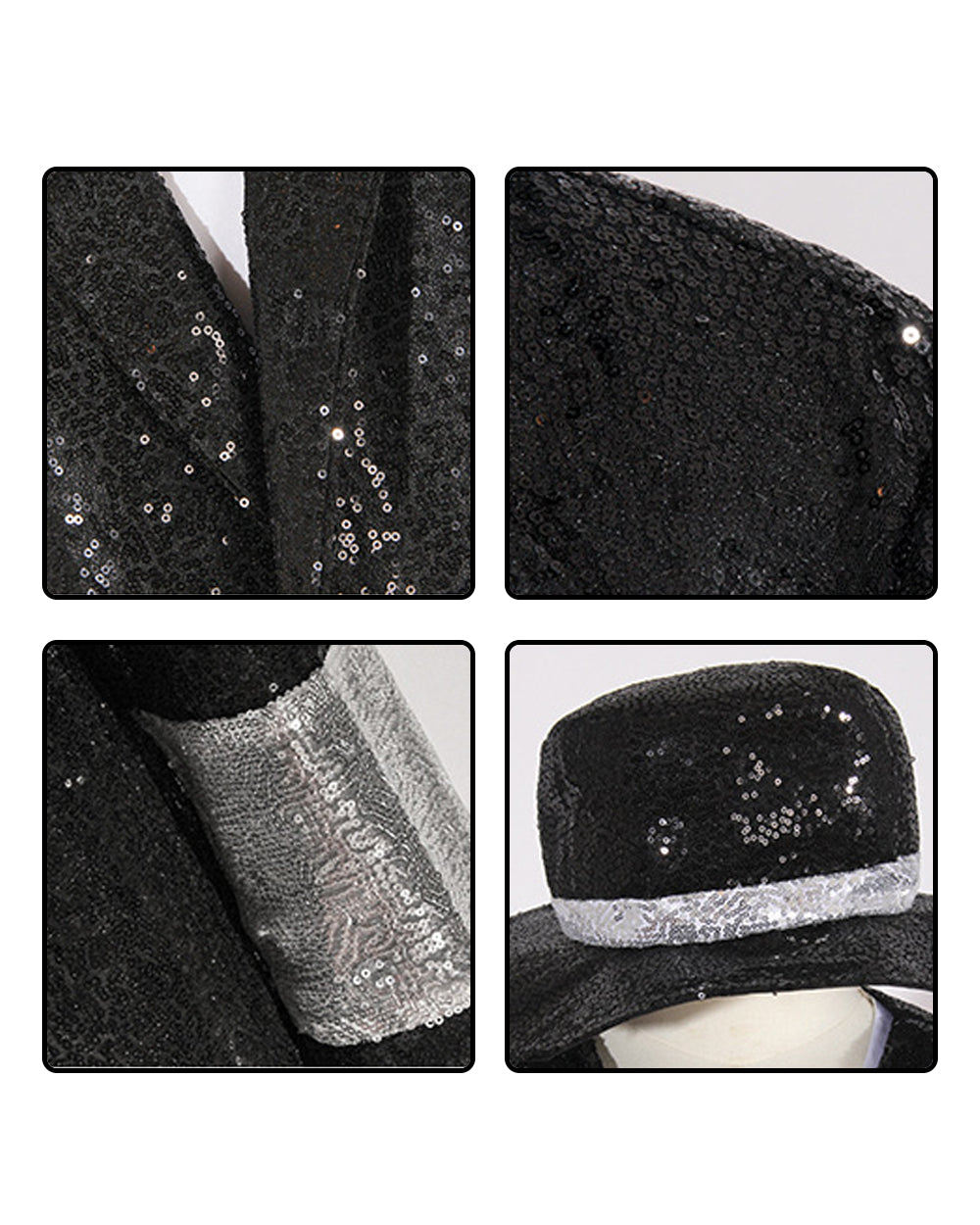 Retro 80s Costume Black Sequin Stage Outfit Music Star Jacket Pants and Hat Full Set for Cosplay