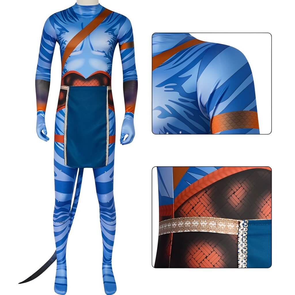 Jake Sully Costume Spandex Na'vi Outfit Blue Jumpsuit with Tail and Apron Set