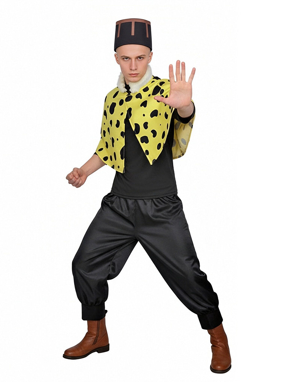 Mens Jogo Costume Yellow Cape Shirt Pants and Volcano Hat 4pcs Suit for Dress Up Party