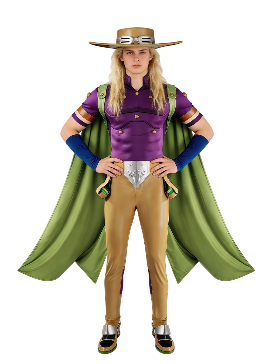 JJBA Spin Master Costume Purple Top with Green Cloak Pants and Hat for Cosplay Events