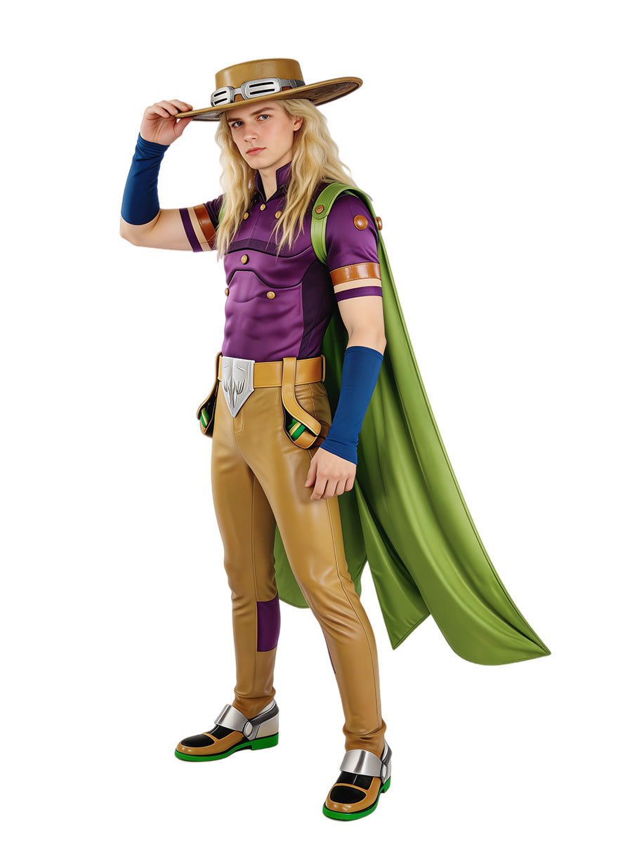 JJBA Spin Master Costume Purple Top with Green Cloak Pants and Hat for Cosplay Events