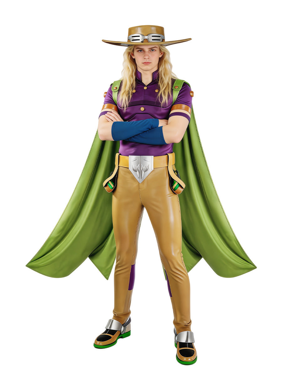 JJBA Spin Master Costume Purple Top with Green Cloak Pants and Hat for Cosplay Events