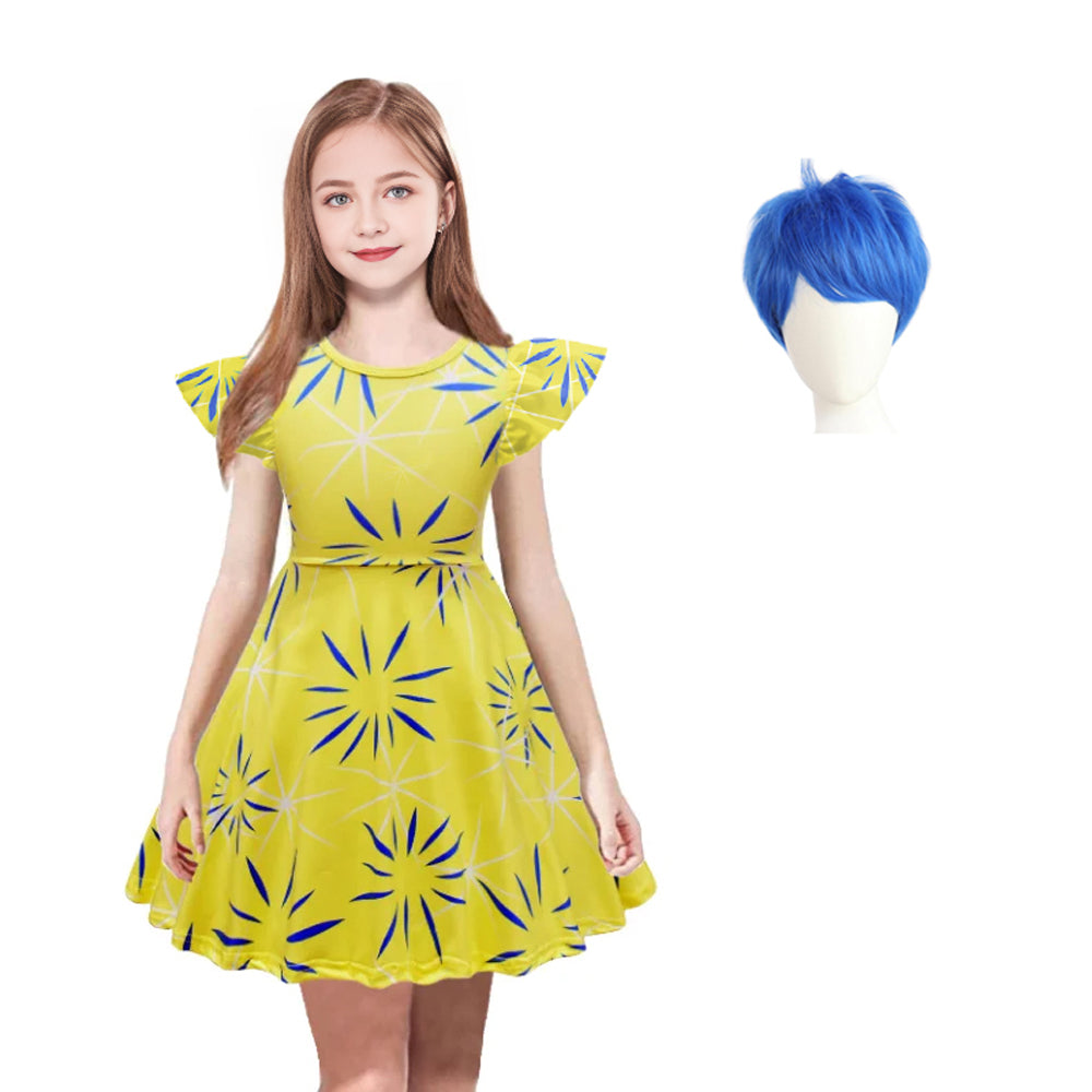 Joy Costume Kids Inside Movie Joy Cute Floral Pattern Flutter Sleeve Dress Wig Accessory for Halloween Party