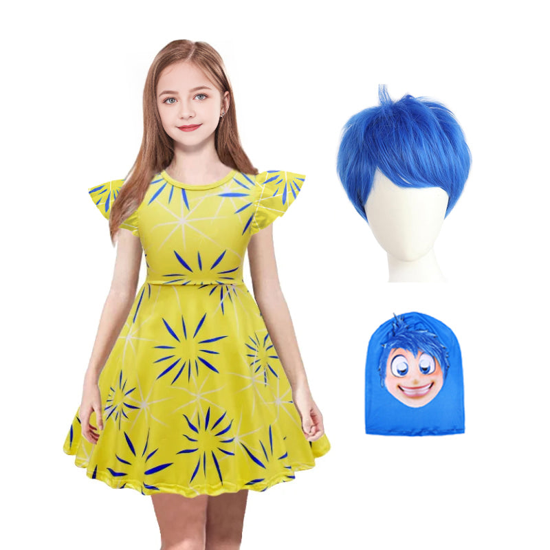 Joy Costume Kids Inside Movie Joy Cute Floral Pattern Flutter Sleeve Dress Wig Accessory for Halloween Party