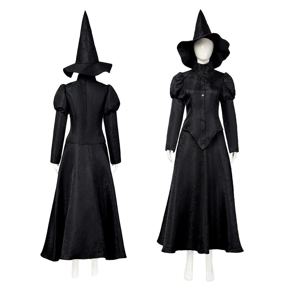 Women Elphaba Costume with Witch Hat Black Witch Dress for Halloween Cosplay
