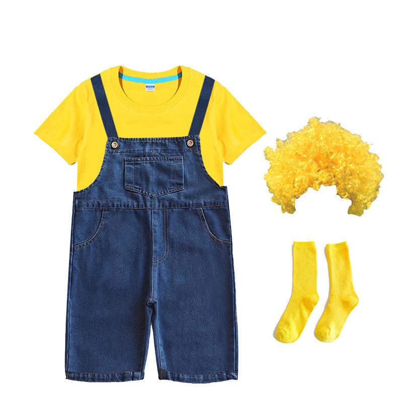 Kids Halloween Outfit Toddler Denim Overalls Yellow Shirt Goggles Wig Suit for Cosplay