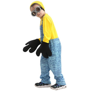 Boys Girls Minion Costumes Jumpsuit Goggles Gloves and Hat 4pcs Suit for Halloween Carnival