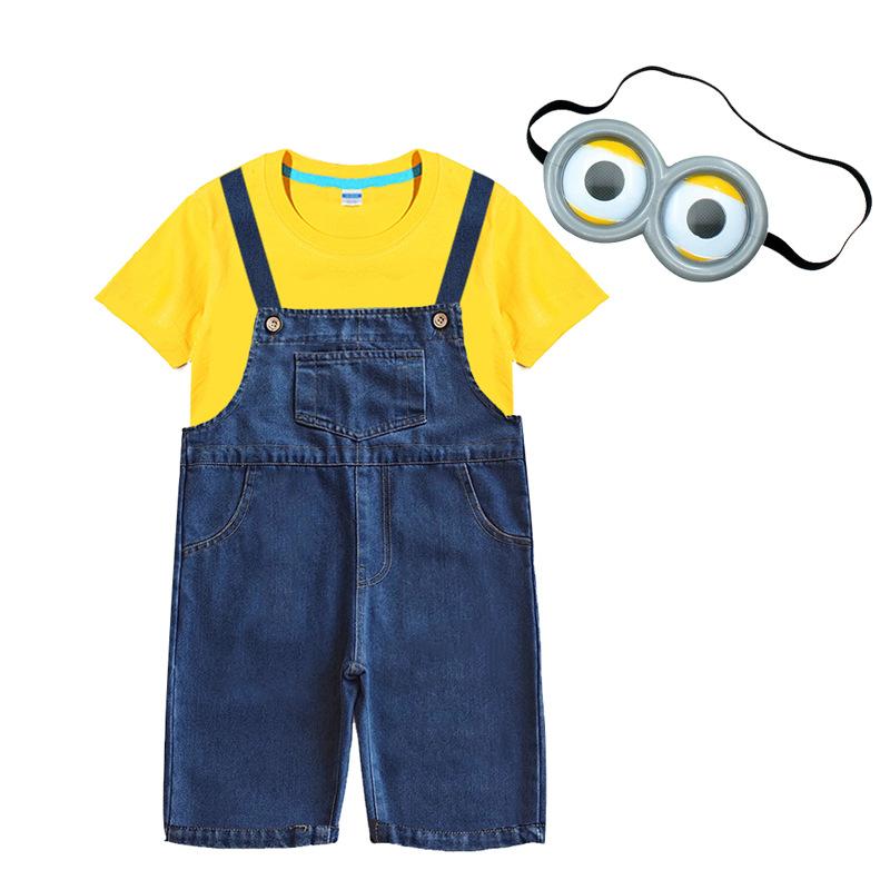 Kids Halloween Outfit Toddler Denim Overalls Yellow Shirt Goggles Wig Suit for Cosplay