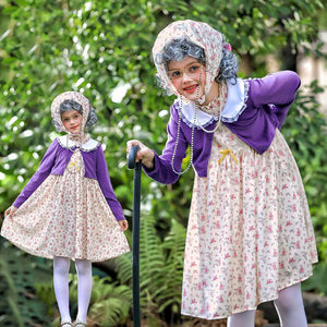 Girls 100 Days of School Old Lady Costume Grandma Cosplay Outfit Dress Wig Walking Stick Full Set