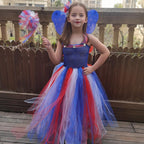 Girls July 4th Outfit Ball Gown Dress with Wing Fairy Wand Headband Full Set for Carnival