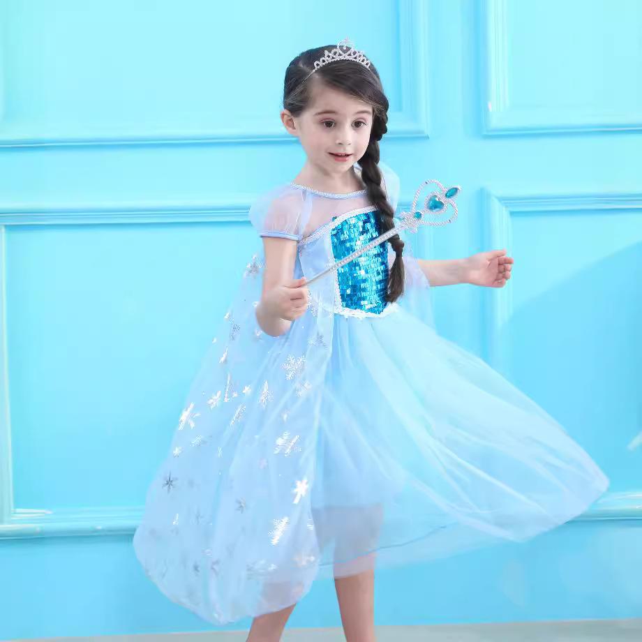 Girls Elsa Dress Summer Blue Snow Queen Birthday Dress Kids Princess Dress Halloween Costumes