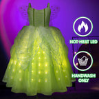 Girls Tink Bell Light Up Dress Green Ball Gown LED Costume With Wing for Dress Up Party