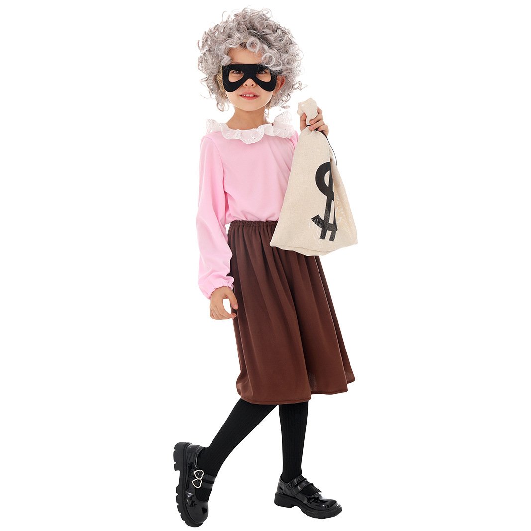 Girls Old Lady Costume 100 Days of School Dress Up Outfit with Wig and Walking Stick