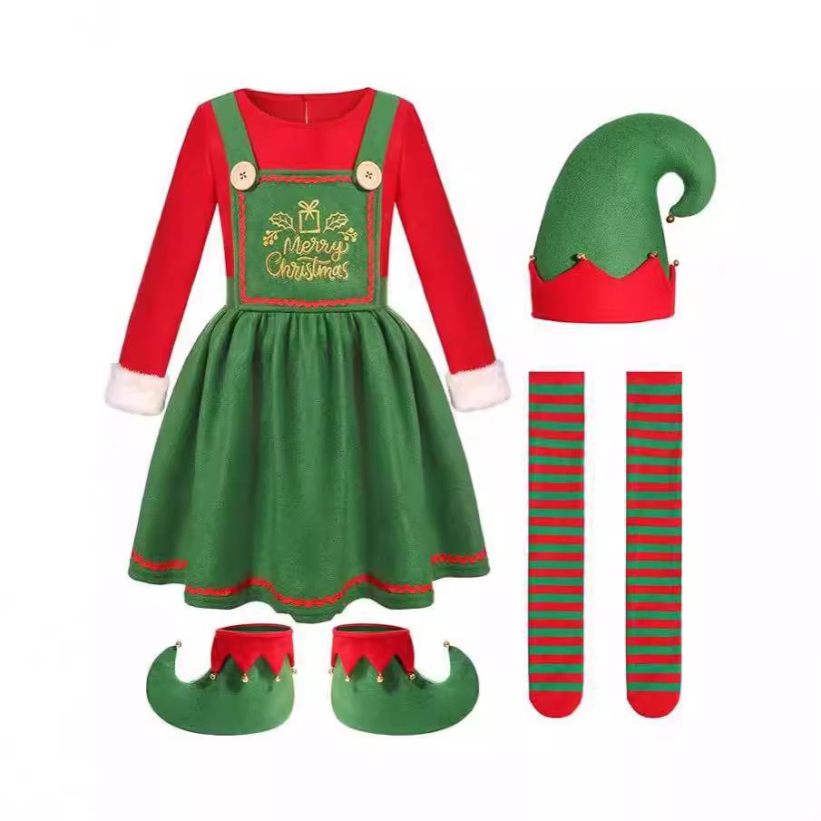 Kids Elf Costume Cute Xmas Dress Hat Socks and Shoes 4pcs Suit Girls Christmas Outfit