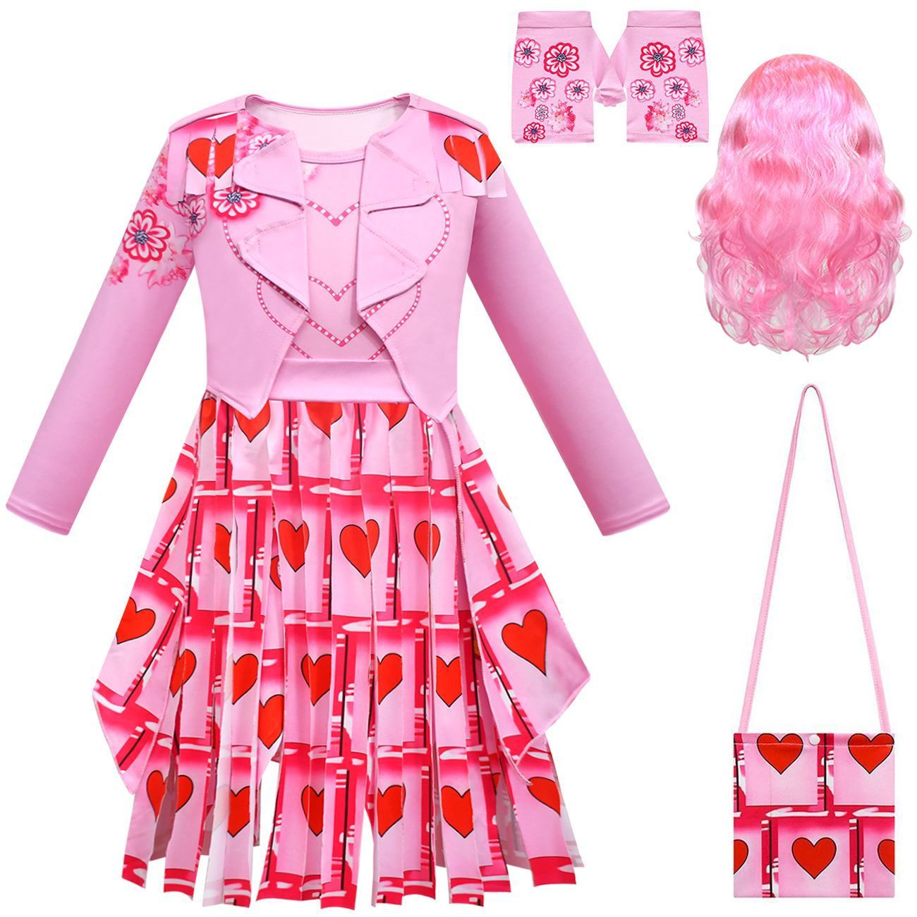 Girls Queen of Hearts Costume Bridget Pink Tassel Dress Wig and Gloves for Birthday Party