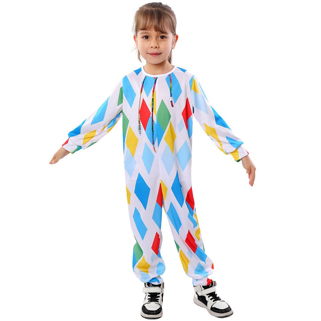 Kids Mardi Gras Outfit Harlequin Costume with Colorful Wig and Nose for Parade Party
